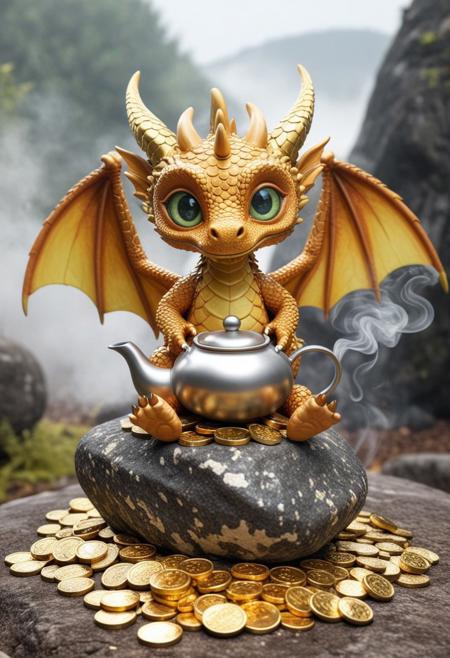 a little cute dragon made entirely of adrr-zrb, sitting on a pile of gold coins, offering a teapot, solo, big eyes, wings, detailed eyes, (smoke:0.9), rock, outdoor, mist
