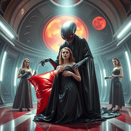 high-society elegant slender norvegian rich innocent young bride  kneeling  at weird red glossy foil pillow. She is ensnared by a towering, gray human-like alien, draped in a long, glossy wet-look black slime cloak, its eyes gleaming red with an otherworldly intensity.  its hands  ripping her corset. Its tentacles coiling her neck. Encased in light beam from the alien breeding chamber celling. Surrounded by strict ladies wearing glossy satin dominatrix attire, full skirts and glossy high heels,  holding whips.   weird wet-look black slime  walls and floor, colossus observation blister to outer space full of stars, bright red moon, vintage-inspired makeup, long hairs, ultra thin waist, evil grin, porcelain skin, lipstick, red nails, in the style of a haunting, retro-futuristic 1950s sci-fi nightmare, horror, alien space base,,