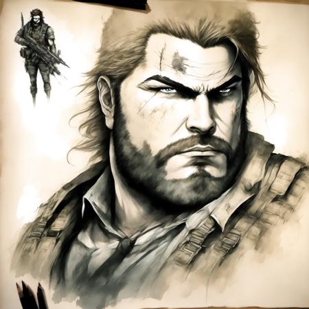 photo, drawing of legendary big boss from metal gear solid (BigBossInk style:1)  <lora:djzBigBossInk:0.8>