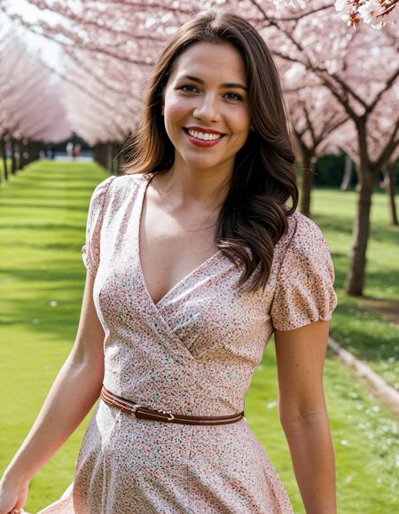 analogue photo of a beautiful 25 years old woman, high resolution image, Ms Alay, <lora:MS_ALAY_SDXL_V1:1.0> dark skin dark hair Caucasian, A photo-realistic shoot from a frontal camera angle about a woman standing in a colorful floral dress with a smile, surrounded by cherry blossom trees and people in the background. the image also shows petals scattered on the ground. on the middle of the image, a woman with long hair, detailed skin, and a slim body, appears to be smiling and waving with her right hand. she is wearing a colorful, floral patterned dress with short sleeves and a belt, and has a bracelet on her left wrist. her hair is styled in long hair, and she is looking directly at the viewer with her realistic eyes. her facial expression is a smile and her lips are painted with red lipstick. the background is blurred, with people walking in the distance, and the image has a soft, dreamy quality.