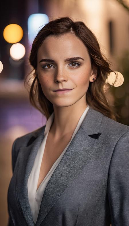 fullbody portrait of skswoman, happy , brown eyes, freckles, wearing suit , background city street at night, bokeh, epic (photo, studio lighting, hard light, sony a7, 50 mm, matte skin, pores, colors, hyperdetailed, hyperrealistic) <lora:Emma Watson LoRA SDXL:1.1>