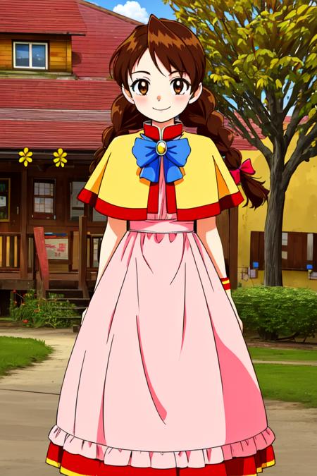 tamilwind, brown hair, twintails, braided twintails, brown eyes pink capelet, blue bow, dress, long skirt, yellow skirt, apron,