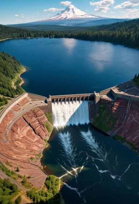 extremely detailed, landscape of a dam, lake ,in ravine, sunny weather, some cloud, unreal engine 5, perfect composition, vibrant, rtx, hbao, sharp, expanded view, dam view, pnw, (mount hood) (cougar-Reservoir)
