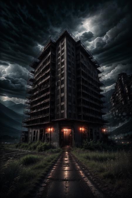 RAW photo, an abandoned factory, overgrown, mountains in the background, night, storm, <lora:Demonic_Iconic:1.0>, 8k uhd, masterpiece, award winning, absurdres