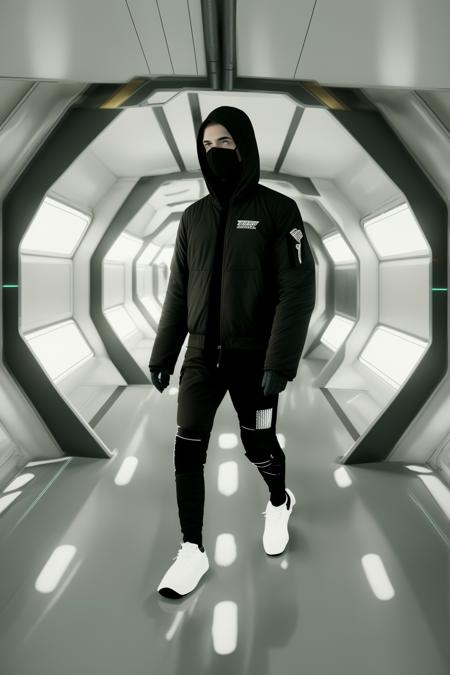 a man in a black jacket and a mask walks through a tunnel , solo, short hair, black hair, long sleeves, 1boy, standing, jacket, male focus, shoes, pants, indoors, black jacket, mask, black pants, white footwear, sneakers, walking, blue theme, mouth mask, futuristic_interior ,