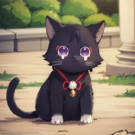 masterpiece, best quality,  <lora:Scaracat:0.7>, Scaracat, solo, no humans, outdoors, animal, tears, cat,  black cat, animal focus, purple eyes, tail, lying,