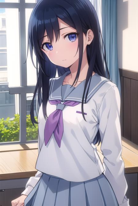 ayasearagaki, <lora:ayase aragaki s2-lora-nochekaiser:1>,
ayase aragaki, long hair, blue eyes, black hair, hair between eyes,
BREAK skirt, school uniform, serafuku, shirt, white shirt, grey sailor collar, grey skirt, pleated skirt, neckerchief, pink neckerchief,
BREAK indoors, classroom,
BREAK looking at viewer, (cowboy shot:1.5),
BREAK <lyco:GoodHands-beta2:1>, (masterpiece:1.2), best quality, high resolution, unity 8k wallpaper, (illustration:0.8), (beautiful detailed eyes:1.6), extremely detailed face, perfect lighting, extremely detailed CG, (perfect hands, perfect anatomy),