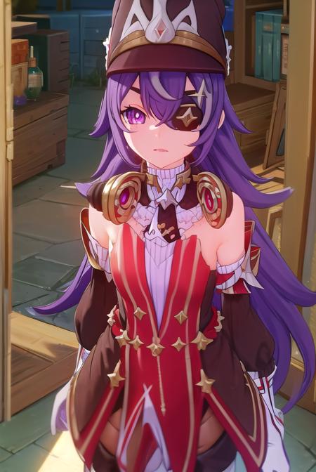 chevreuse, long hair, bangs, hair between eyes, (purple eyes:1.1), purple hair, (eyepatch:1.5), gloves, hat, dress, bare shoulders, detached sleeves,