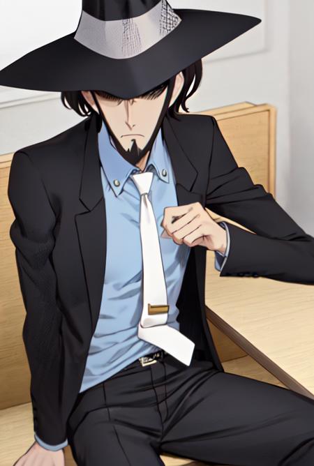 <lora:Jigen1-000004:0.8>, 1boy, Jigen Daisuke, beard, hat, black hair, white necktie, blue shirt, black jacket, fedora, upper body, (hidden eyes:1.1), sitting