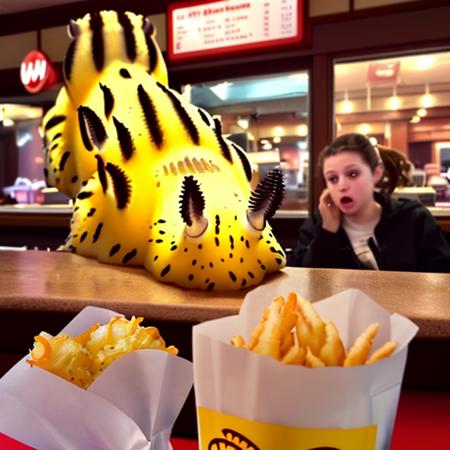 a yellow jorunna ordering a meal at wendys  <lora:seabnuuy-000160:0.8>