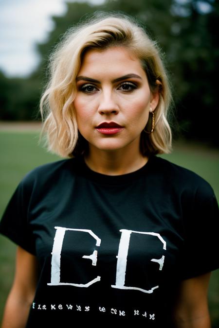Realistic portrait of a beautiful d3bb13h-v1 woman,1girl, solo, short hair, blonde hair, shirt, jewelry, upper body, parted lips, teeth, bracelet, lips, black shirt, makeup, ring, t-shirt, clothes writing, realistic, soft lighting, professional Photography, Photorealistic, detailed, RAW, analog, sharp focus, 8k, HD, DSLR, high quality, Fujifilm XT3, film grain, award winning, masterpiece<lora:d3bb13h-v1:1.0>