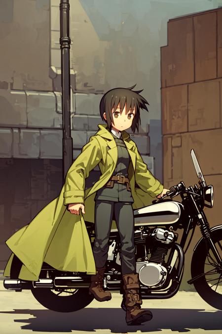 1girl, green coat, brown pants, boots, short hair, brown hair, goggles, motorcycle,