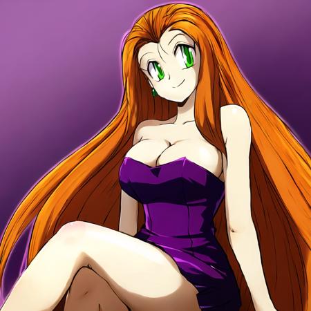 mikm, purple dress, tube dress, bare shoulders, orange hair, long hair, smile, breasts, cleavage, sitting, seifuku, crossed arms, green eyes, <lora:MiKmv1-1500bND16:1>