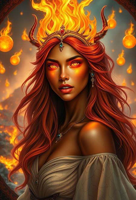 A stunningly beautiful ifrit woman with a scorching-hot appearance: flawless facial features, sharp fangs peeking from her lips, and piercing fiery eyes glowing like embers. Her warm copper or chocolate-toned skin has a subtle shimmer, as if lava flows beneath. Long, flowing hair resembling flickering flames, with shades of red, orange, and gold. She wears an elegant circlet or diadem with gemstones, and her figure is graceful yet powerful, dressed in light, semi-transparent garments woven from magic and fire, adorned with volcanic crack-like patterns. Background: a blazing volcano or a mystical hall with floating fire orbs and ancient runes. Style: high fantasy art, highly detailed, dramatic lighting, with an otherworldly and enchanting atmosphere