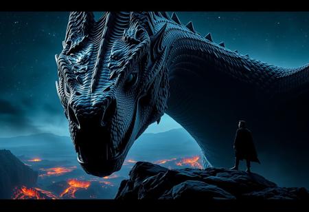close-up of a huge black Dragonhead. a tiny looking man on a rocky cliff dwarfed by the giant dragon staring at him. molten lands in the background and back sky with stars. movie like scene for a Blockbuster commercial. detailed and and dark. silhouettes.