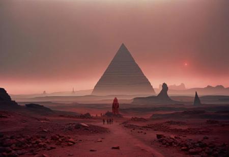 Red Rocky landscape, with tall humanoid statues, sci-fi aesthetics, film photography style, a moody picture of Gas Giant alien landscape composed primarily of hydrogen and helium, with no solid surface and a thick atmosphere (with a tall red pyramid in the background:1.2), cloudy weather, at dawn, dim lit, foggy, muted colors, hazy, vintage, analog style, Busy crowded city strret, City<lora:SDXL_FILM_PHOTOGRAPHY_STYLE_Alphav0.2:1>
