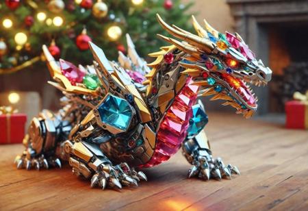 (TransformersStyle dragon robot), break, pile of colorful crystal gems, under a Christmas tree, highly detailed clean, beautiful detailed intricate, 8K, DonMSn0wM4g1c