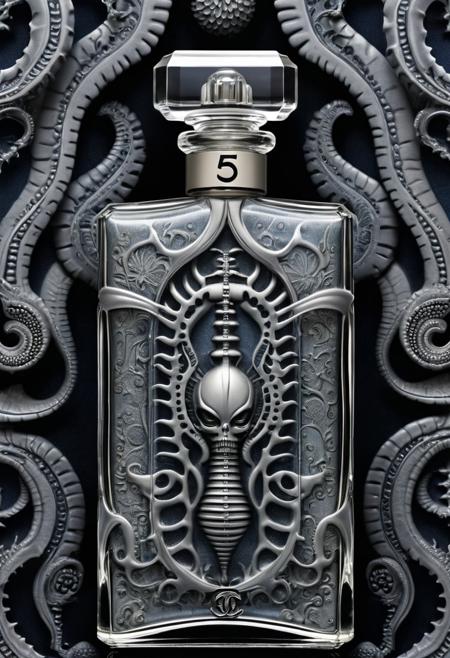 wallpaper pattern of Chanel no 5 perfume bottle, in the style of hokusai and HR Giger, best quality, masterpiece, HRGigerAI