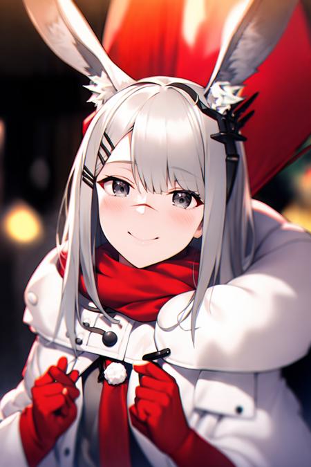 masterpiece, best quality,   <lora:frostnova:1>,
1girl, animal ears, scarf, grey eyes, rabbit ears, solo, looking at viewer, smile, scar, red scarf, blurry, hair ornament, long hair, grey hair, blurry background, scar on nose, hairclip, scar on face, upper body, coat, christmas, pov, depth of field, bangs, gloves, open clothes, winter clothes, closed mouth, red gloves, blush, alternate costume, animal ear fluff, white coat, grey shirt