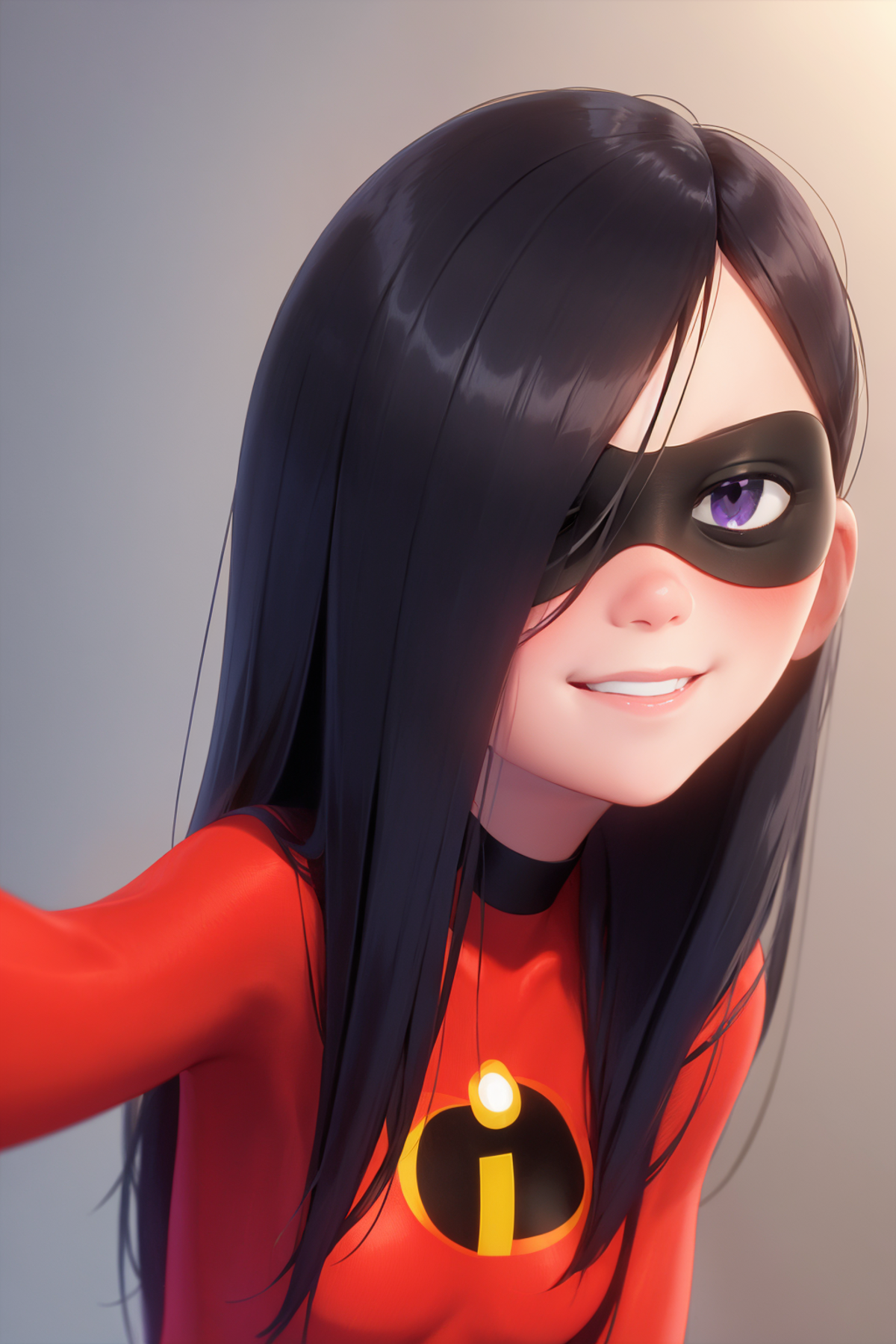 A cartoon drawing of a girl with dark hair and a red shirt, wearing a black mask and smiling.