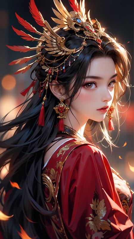 1girl,jewelry,earrings,solo,long hair,hair ornament,looking back,looking at viewer,red dress,black hair,upper body,closed mouth,blurry,dress,tassel,brown hair,feathers,from behind,chinese clothes,tassel earrings,<lora:å¤å éå¸:0.6>,disgust,