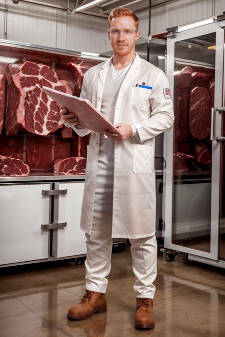 beef processing plant, meat refrigerator, ginger hair, KennedyCarter is a meat inspector, wearing white lab coat, clear safety goggles, work boots, (holding clipboard), (((full body portrait))), wide angle <lora:KennedyCarter:0.8>