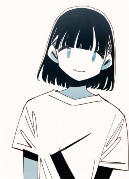 1girl, solo, looking at viewer, short hair, bangs, blue eyes, simple background, white background, closed mouth, monochrome, upper body, short sleeves, blunt bangs, expressionless, bob cut, blue shirt, spot color, no nose, limited palette, halftonenipples,smile<lora:soyatuminimalist-08:0.9>