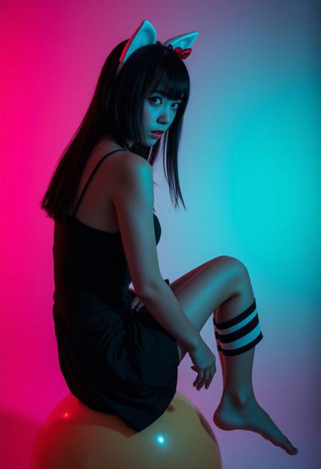 (Soft Lighting Photography by Mimoza Veliu and Mario Giacomelli:1.2), NSFW, Japanese college girl wearing white cat ears, long eyelashes, long black bob, face obscured by hair, bare feet, feet to viewer, white ears with red bow, sexy black dress with white collar, black and white striped stockings, breast exposed, sitting on a bouncy ball with her leg, white grunge, in profile, side view, surrealism, fashion illustration, gradient magenta and teal background, avant-garde, vivid colors, filigree, photorealistic rendering, moody chiaroscuro lighting. sexy, dynamic poses,looking at viewer,
