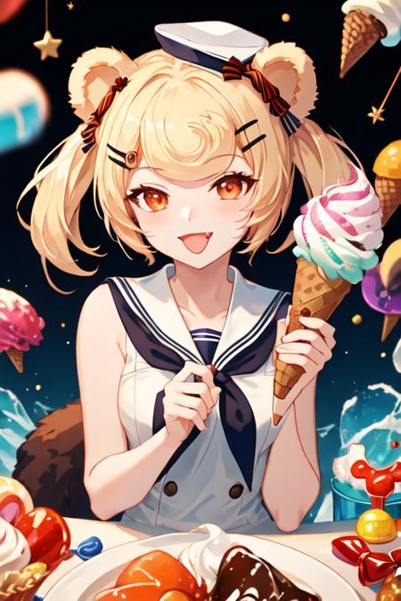 best quality, masterpiece, highres, solo, {gum_arknights:1.15}, animal_ears, blonde_hair, bear_ears, short_hair, hair_ornament, candy_hair_ornament, hairclip, food-themed_hair_ornament, bangs, smile, orange_eyes, upper_body, red_eyes, 1girl, food, hat, ice_cream, ice_cream_cone, looking_at_viewer, official_alternate_costume, sailor_collar, sleeveless, bear_girl, hair_bow, holding, holding_food, bow, portrait, sailor_dress, :d, dress, one_eye_closed, open_mouth, tongue, tongue_out, twintails