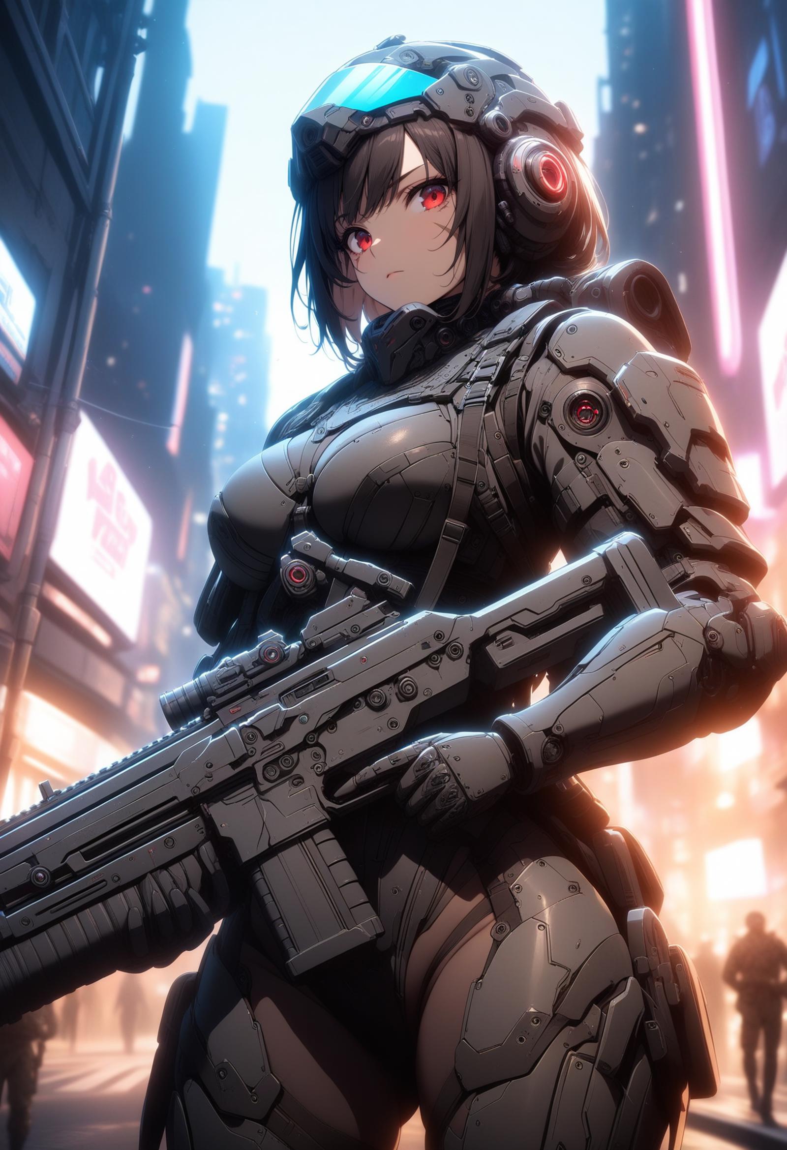 1girl, red eyes, scar on face, military, soldier, <lora:Neon_Cyberpunk_Heavy_Armor_SDXL:0.8> mad-hvybdyarmr, holding gun, ...
