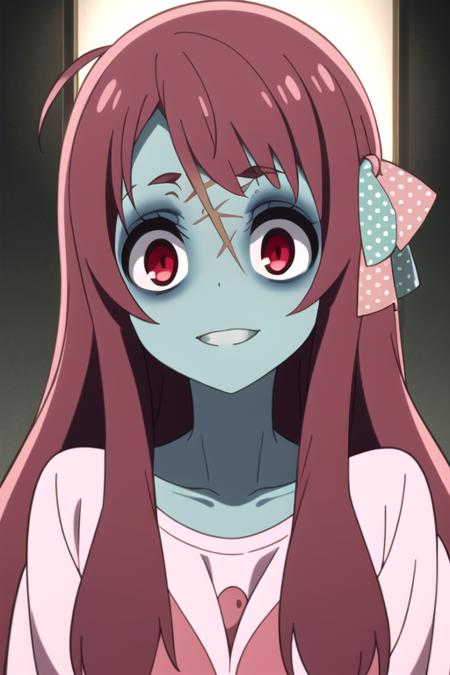 absurdres,  red eyes, portrait, pink hair, hair ribbon,  red eyes, zombie ,<lora:SakuraMinamotoR4:0.7>,SakuraMinamotoR4, smile