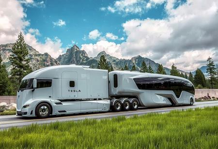 plants, trees, surrounded by trees and mountains in the background. the sky is blue with some clouds., yfg-r1gs a white tesla semi truck driving down a road with mountains in the background. the truck is surrounded by lush green grass and the sky is filled with white, with a logo on the vehicle and a cloudy sky in the background. the trailer has 8 sets of axles., yfg-r1gs a futuristic bus driving down a road with a futuristic design, surrounded by rocks and trees. the truck is part of the gmc black widow concept, with a wall in the background and a clear blue sky above., with a starry sky above.
