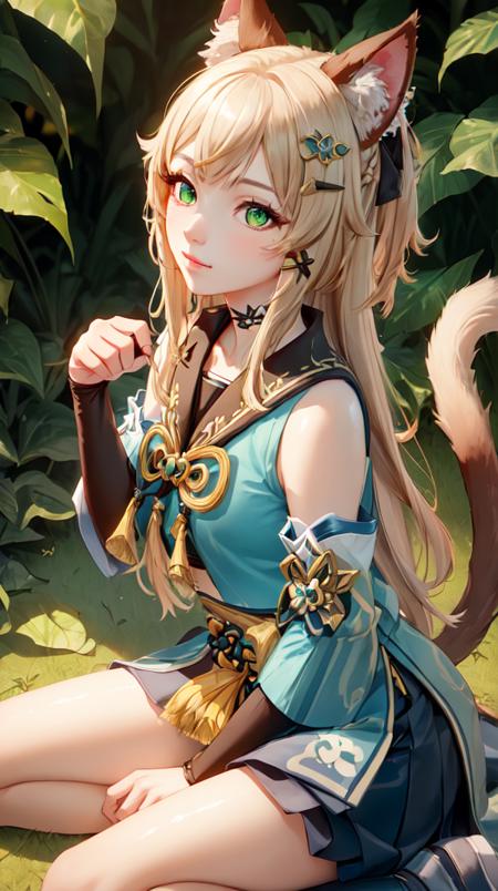 kirara /(genshin impact/), 1girl, Sitting, sick,
animal ears, bell, blush, cat paws, cat tail, detached sleeves, green eyes, hair ornament, long hair, paw_shoes, sitting, solo, multiple tails, x hair ornament, 
(extremely detailed CG unity 8k wallpaper, masterpiece, best quality, ultra-detailed, best shadow, volumetric lighting), (beautiful detailed face, beautiful detailed eyes), High contrast, high saturation, (best illumination, an extremely delicate and beautiful),
mksks style, beautiful background, tropical forest, fire station, day,