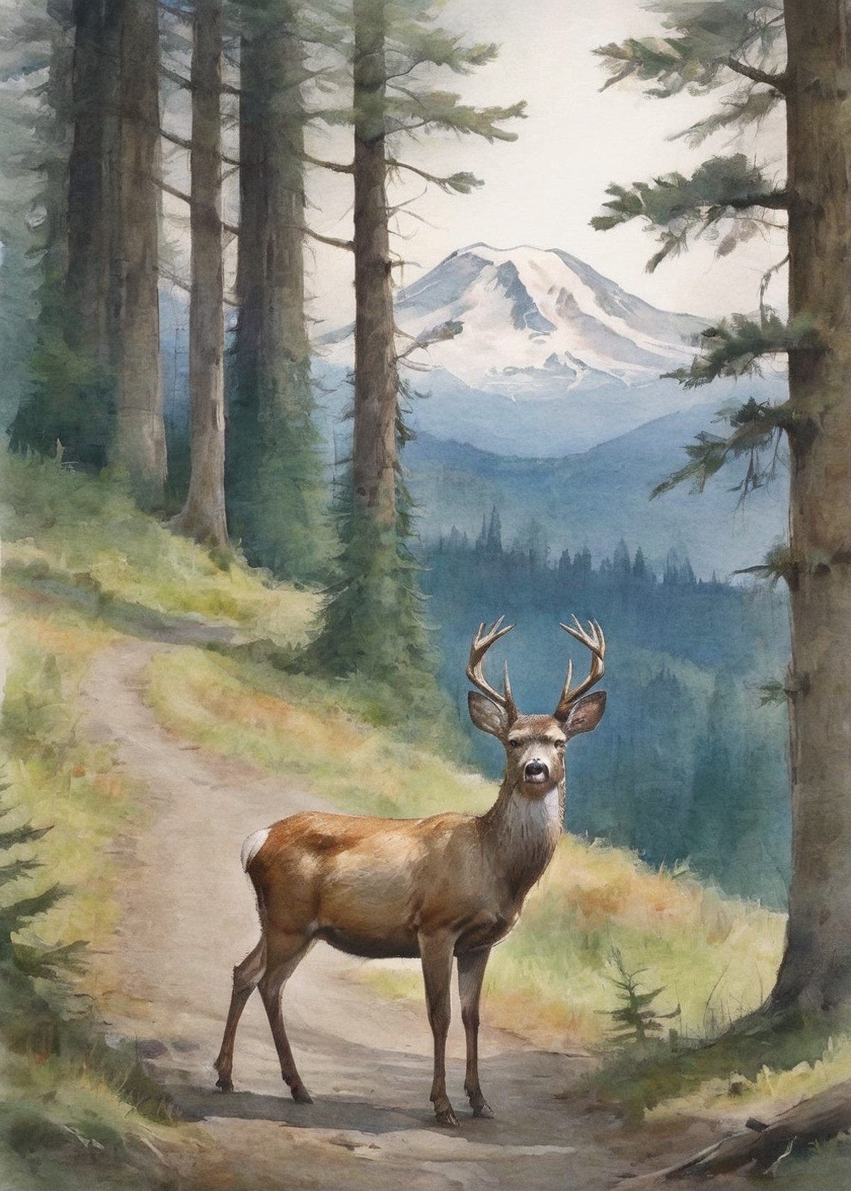 Washington state deer on a forest trail with a distant view of Mount Rainier