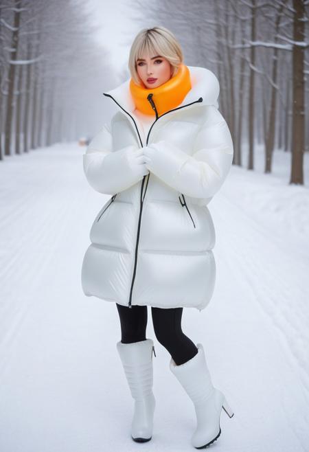 Thick down padded jacket, Thick puffer padded jacket, very cold, winter, snow, snowing, lumine (genshin impact), half-realistic, short hair, short hair with long locks, blonde hair, bangs, sidelocks, hair between eyes, yellow eyes/orange eyes, white gloves, fingerless gloves, thigh boots, white footwear, high heel boots,  (inflatable pressure cuffs:1.8), (inflatable pressure collar:1.8), Thick padded cuffs, Thick padded collar, <lora:Collar-SDXL:0.6>, <lora:Cuffs-SDXL:0.6>, <lora:Puffer_Jacket_and_Down_Jacket_-_Extra_Puffy_Jackets:0.6>