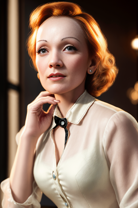 ((MarleneDietrich)), mj3d style,3dmm,3d,((portrait:1.3)), bokeh:1.2, indoors, a beautiful woman, (standing), ((white silk shirt with collar)), ((no cleavage)),feet, (high-heels), looking at viewer, (22 years old woman), medium breast, small waist, (green eyes, beautiful eyes), beautiful face, perfect illumination, beautiful detailed eyes, looking at viewer, stunningly beautiful woman, detailed hairstyle,  good hands,  detailed hands, good feet, (8k, RAW photo, best quality, masterpiece:1.2), (realistic, photo-realistic:1.37), ultra high res, photon mapping, radiosity, physically-based rendering, (ambient light:1.3), (cinematic composition:1.0),professional soft lighting, light on face