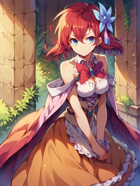 stephanie dola, 1girl, solo, red hair, blue eyes, hair ornament, dress, cape animal ears