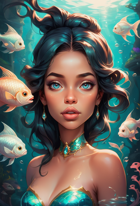 Masterpiece, high quality, stunning composition, highly rated artwork, detailed art, many details, fairytale, storybook detailed illustration, complex background. ((looking at viewer))
fish princess, face closeup, big lips, open mouth, mermaid, Soft sigh, bun with twists, Noir style
<lora:20250419-1745075667520:0.8>,  <lora:SDXLFaeTastic2400:0.6>
