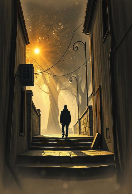 Volumetric lighting enhances a detailed charcoal drawing of a person on old house steps, looking towards a tree-lined street in golden light. Light beams pierce through dust or fog, creating a dramatic effect. 8k resolution, professional quality.