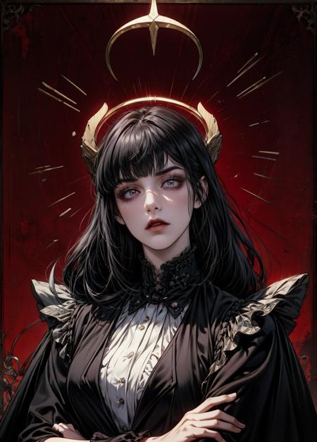 official art, unity 8k wallpaper, ultra detailed, beautiful and aesthetic, High quality, beautiful, masterpiece, best quality, portrait, 1girl, beautiful mistress, long black hair, blunt bangs, tragic expression, head tilt, crossed arms, black and red professional suit, back tie, red horns, goth makeup, red background, dead set eyes, evil stare, demon, halo