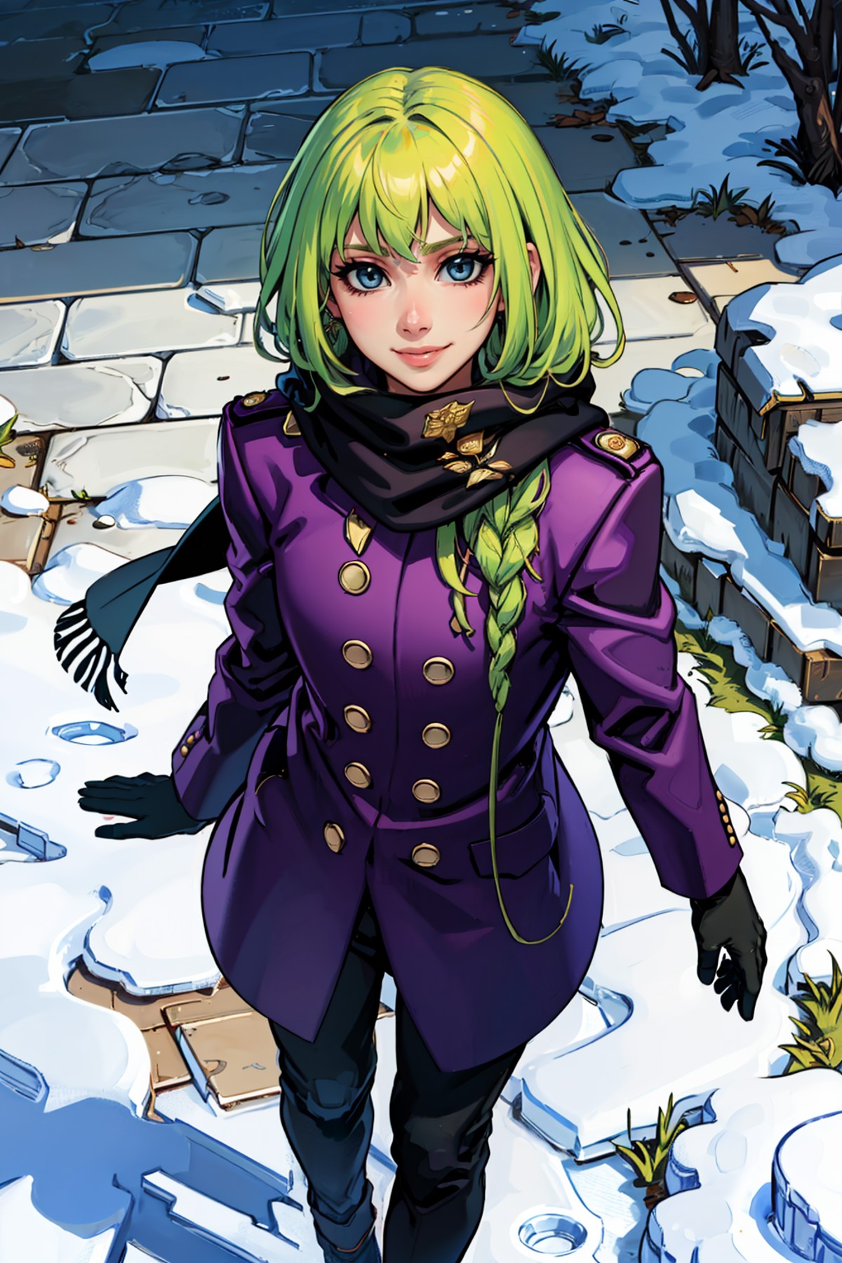 masterpiece, best quality, enkidu, single braid, purple coat, purple scarf, cowboy shot, from above, mittens, looking at v...