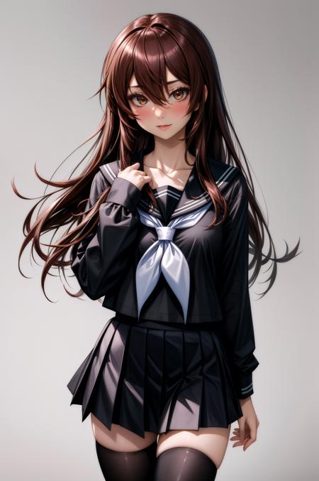 (masterpiece, best quality), 1girl, aisaka taiga, long hair, brown hair, hair between eyes, brown eyes, blush, bangs, shirt, long sleeves, school uniform, collarbone, pleated skirt, serafuku, black thighhighs, black skirt, zettai ryouiki, neckerchief, black shirt, black sailor collar, black serafuku, white neckerchief, 
<lora:add_detail:0.8>,