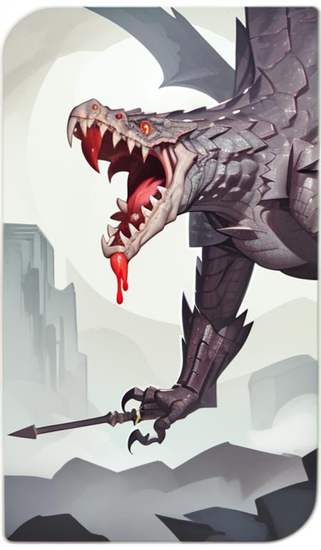 dragon, holding polearm, tongue out, saliva, man, claws, iron scales, spear, armor, monster, cape, sharp teeth, fangs, open mouth, varghest, masterpiece, best quality, absurdres <lyco:dragonAgeTarot-000020:1>