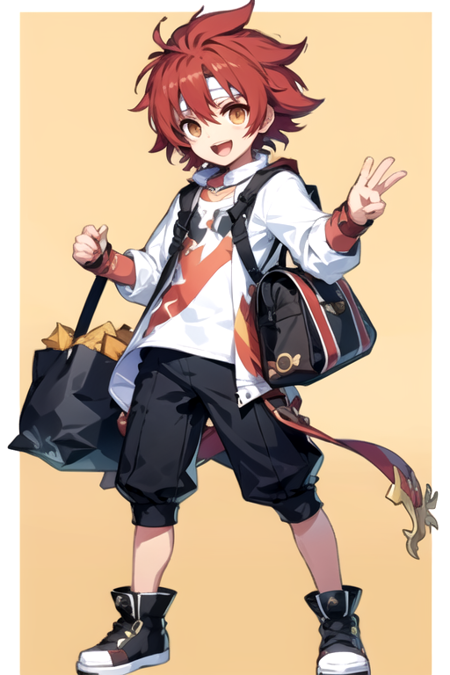 <lora:JinKaien-10:0.745> , jingc, solo, looking at viewer, smile, open mouth,  1boy, holding, full body, yellow eyes, :d, male focus, red hair, pants, bag, chibi,  headband,  spiked hair