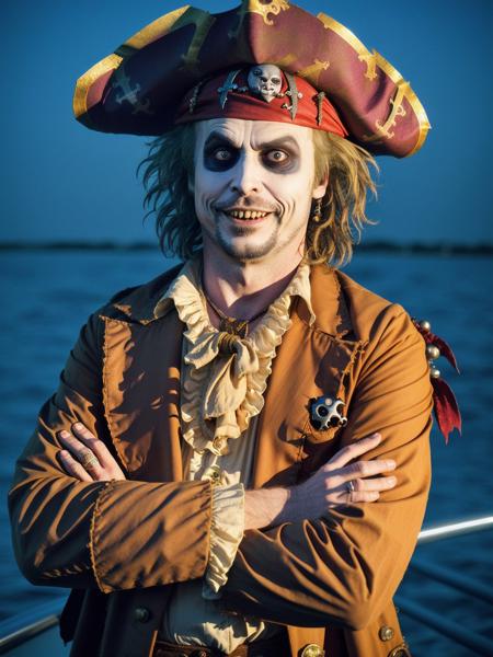 <lyco:beetlejuice_v2.0:1> beetlejuice, standing on a boat, (wearing a pirate costume:1.2), sharp, amazing, bokeh, canon dslr, realistic