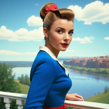 (((Solo))),(((1girl))),<lora:CyberRealistic Negative:1>,<lora:bad_pictures:1>,<lora:Detail ++:1>,<lora:Fix hand:1>,<lora:Perfect Eyes XL:1>,8k,realistic,vray,HDR,perfect light,bokeh,dept of field,(((photorealistic))),masterpiece,high resolution,best quality,IMax,hyperrealism,minimalism,Carl Zeiss 85mm,a cinematic shot,((ultra detailed:1)),(super realistic),girl,Sleek Straight Hair,Young adult,perfect skin,(((waist up:1.9))),full body girl with light,Norman Rockwell style,(((by norman rockwell))),<lora:norman_rockwell_style_pony_v6-000040:0.3>,<lora:norman_rockwell_style_pony_v6:0.6>,Norman Rockwell style image,Norman Rockwell painting,style by Ilya Kuvshinov,embedding:urn:air:sd1:embedding:civitai:222256@250708,score_9,score_8_up,score_7_up,
<lora:Realistic_2.5DAnime_Merge1:0.5>, 80s-babes,80s hair,film grain polaroid,legacy media,80s makeup,<lora:80s-babes-pony:1.2>,<lora:General-Design\add_detail:0.7>,A professional 1950s photo,dressed like a 1950s pinup,1950s female pinup,1950s clothing,1950s pinup hairstyle,<lora:1.5_perfect hands:0.8> Perfect Hands,noise,wear and tear,depth of field,light scratches,sunbeam,raytracing,(((Britney Spears))),((Big Breasts:0.9)),(((balcony,castle, vegetation,sunlight,sky,clouds,lake)))