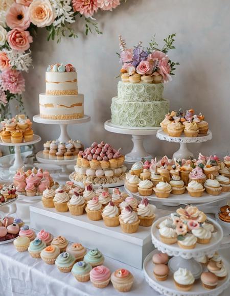 A modern dessert bar showcasing a variety of gourmet cupcakes with intricate frosting designs, macarons in pastel colors, and a tiered cake topped with edible flowers.