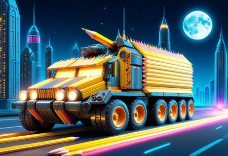 vibrant colors, shiny_skin, prefect lighting, detailed image, snoozing, masterpiece, best quality, highly detailed, ultra quality, 3DMM, 
((Pencil_morph_style, made of Pencil)), 
(Armored vehicle made of Pencil), 
On the road, outdoors, neon lights, glowing, city, skyscraper, building, sciencefiction, electricity, night, moon, moonlight,