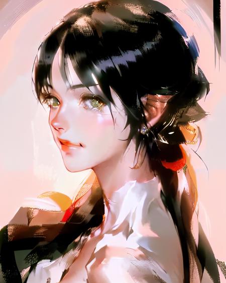 DBfantasyart, close up portrait female, (black hair), green eyes, long hair, smirking, standing in a street, at night,  <lora:graphic_illust_12: 0.4>