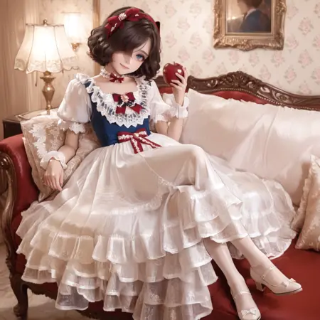 Lolita dress: blue top white skirt red accented lace bow dress - v1.0